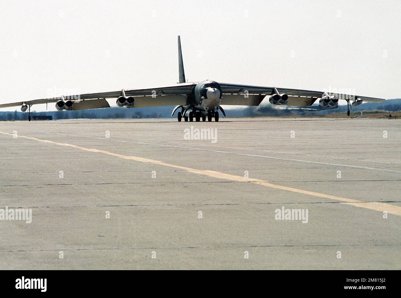 A front view of a B-52G bomber aircraft in use during the joint U.S./Spanish military Exercise CRISEX '83. Subject Operation/Series: CRISEX '83 Base: Moron Air Base State: Sevilla Country: Spain (ESP) Stock Photo