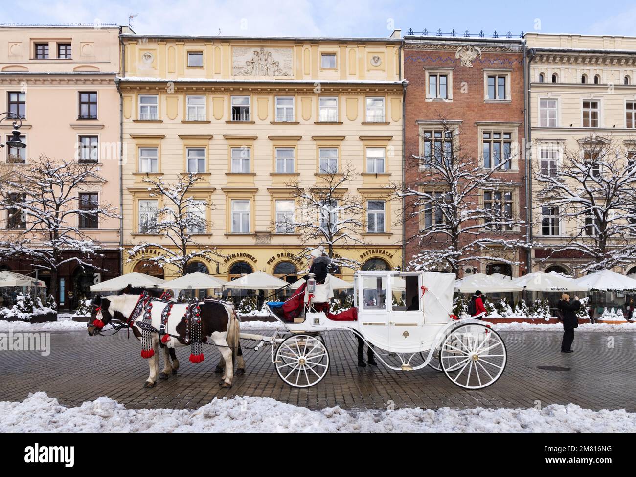 Krakow Horse and Carriage; waiting for tourists at the side of the Main Market Square in winter snow at Christmas; Krakow Old Town, Krakow Poland Stock Photo