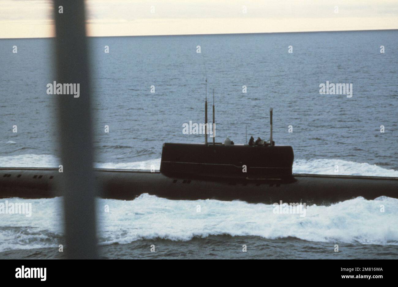 A starboard amidships view of a Soviet Papa class nuclear-powered cruise missile submarine (SSGN) underway. Country: Atlantic Ocean (AOC) Stock Photo