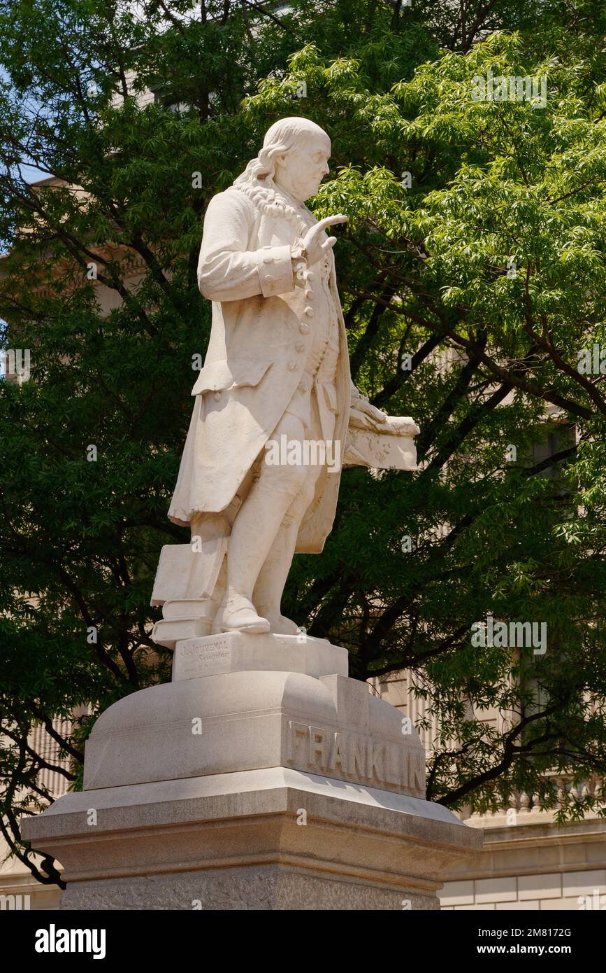 Statue of Benjamin Franklin in Washington, D.C., USA. Historic statue outside the Old Post Office Pavilion. Stock Photo