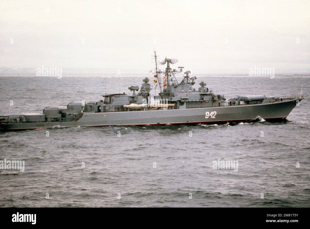 A starboard beam view of the Soviet "Krivak II" class guided missile