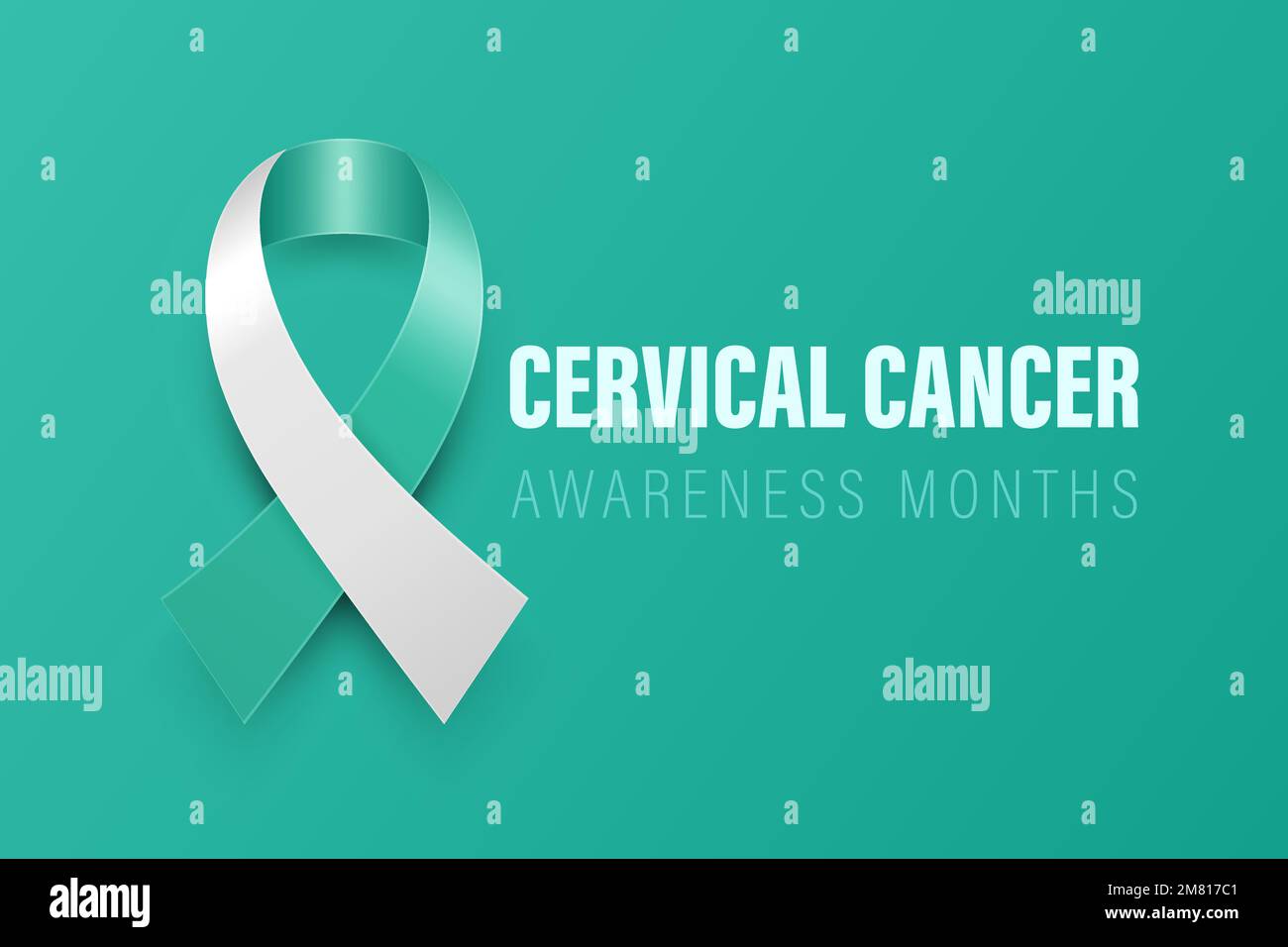 Cervical Cancer Banner Card Placard With Vector 3d Realistic Teal And White Ribbon On Teal