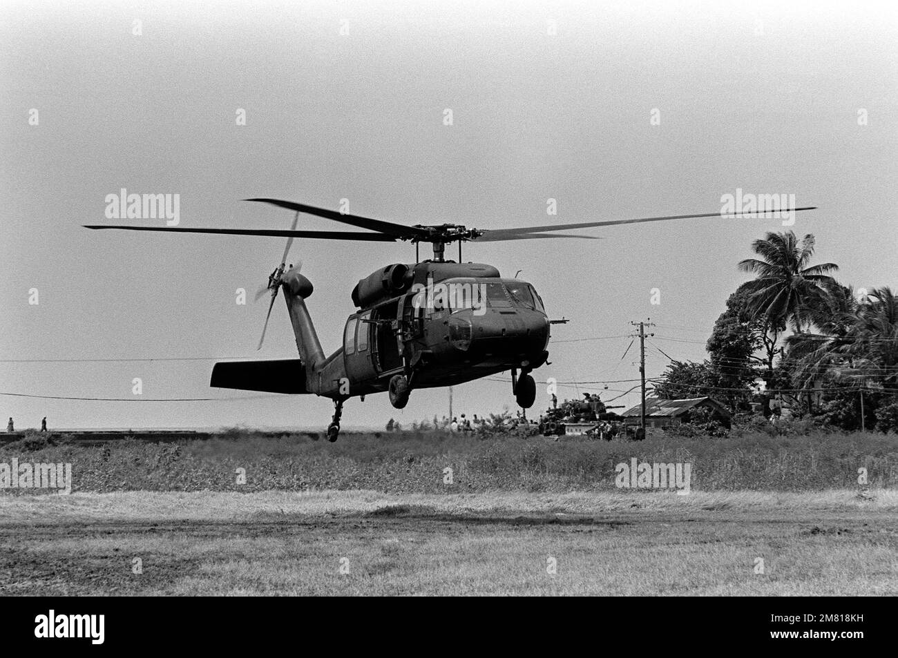 A UH60 Black Hawk helicopter lands at the Racetrack Landing Zone