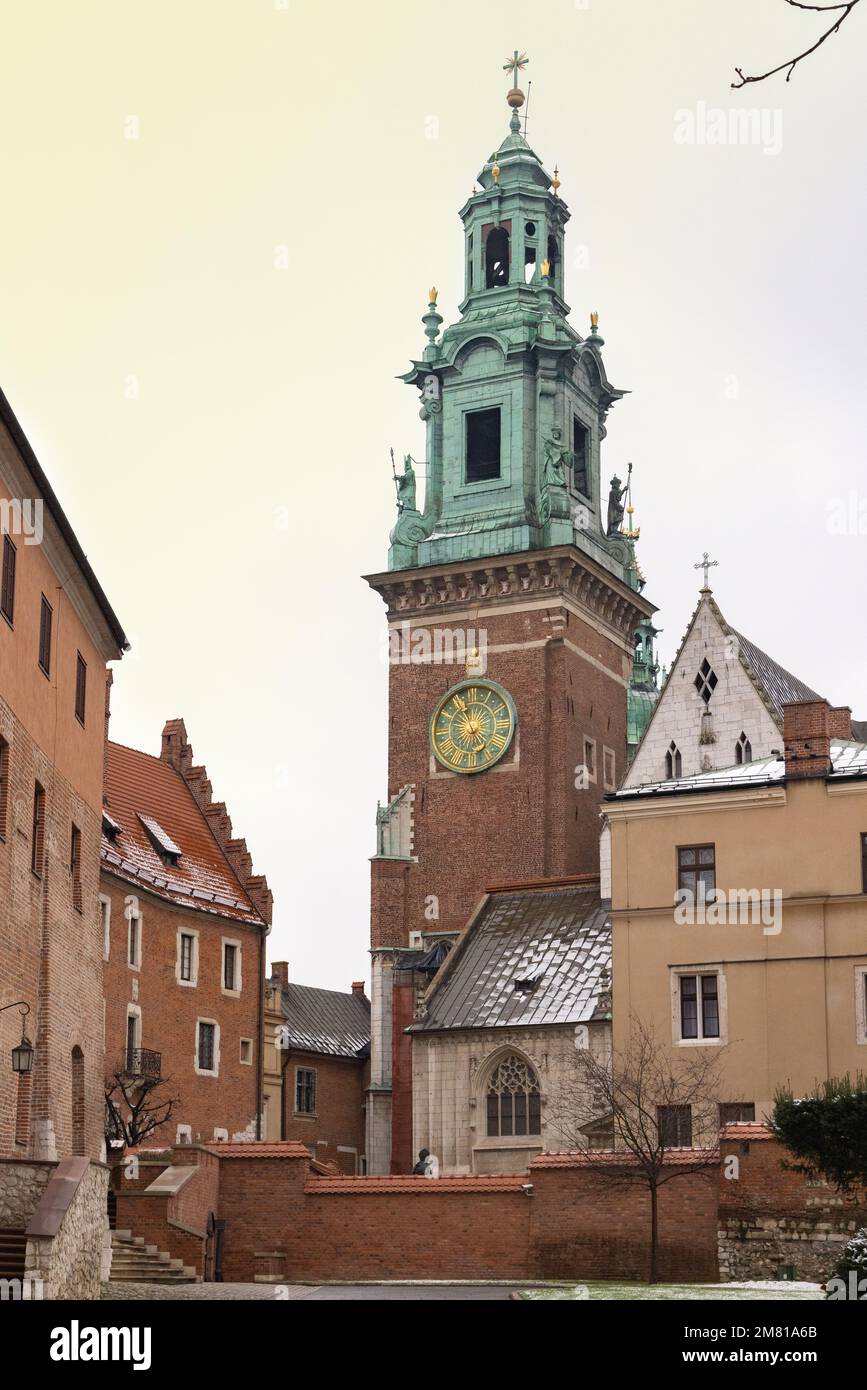 Wawel cathedral Krakow exterior - Cathedral tower and clock, Wawel Hill, Krakow Old Town, Krakow Poland Europe Stock Photo