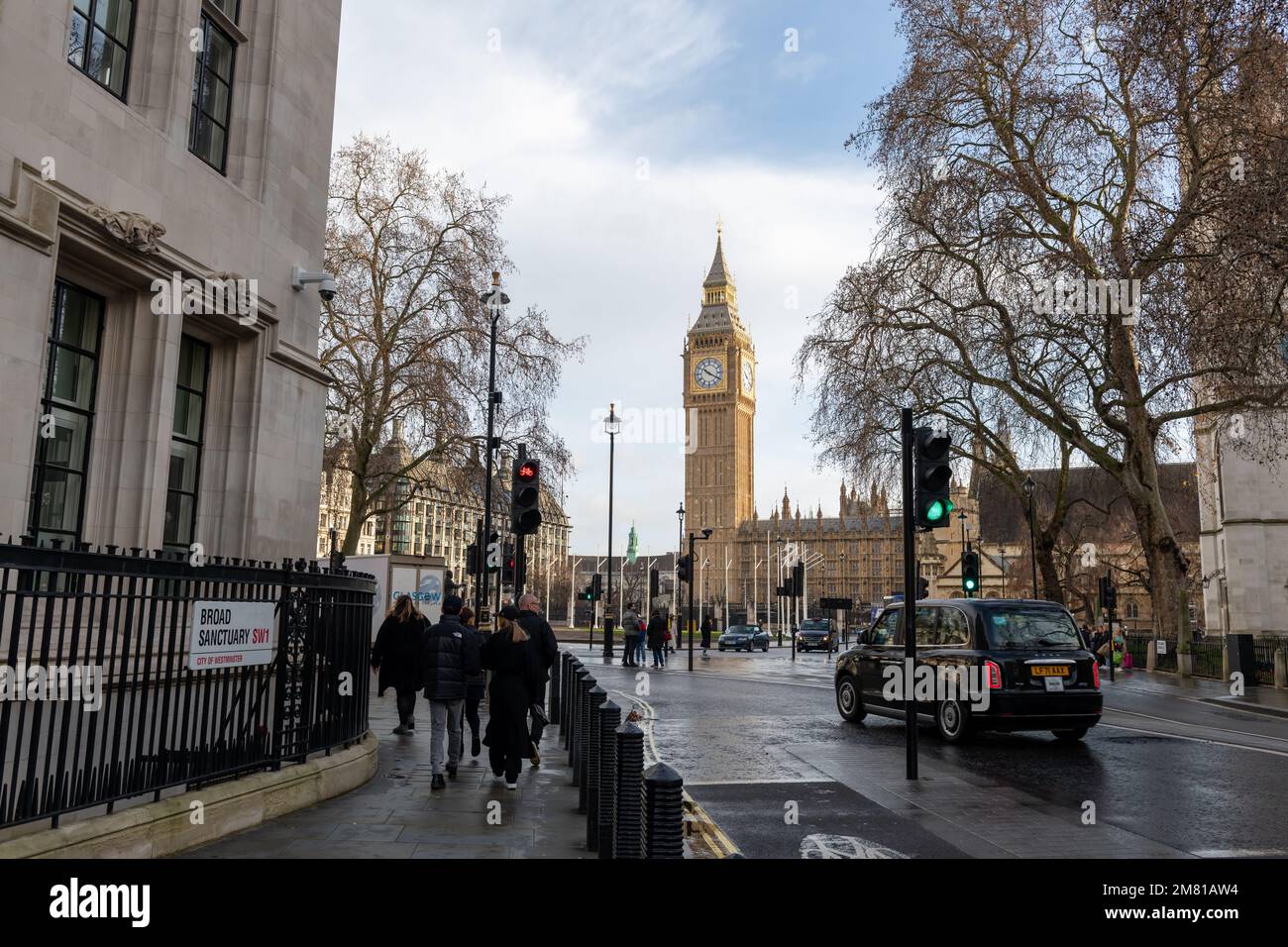 London. UK- 01.08.2023. A street around Parliament Square with a view of Big Ben. Stock Photo