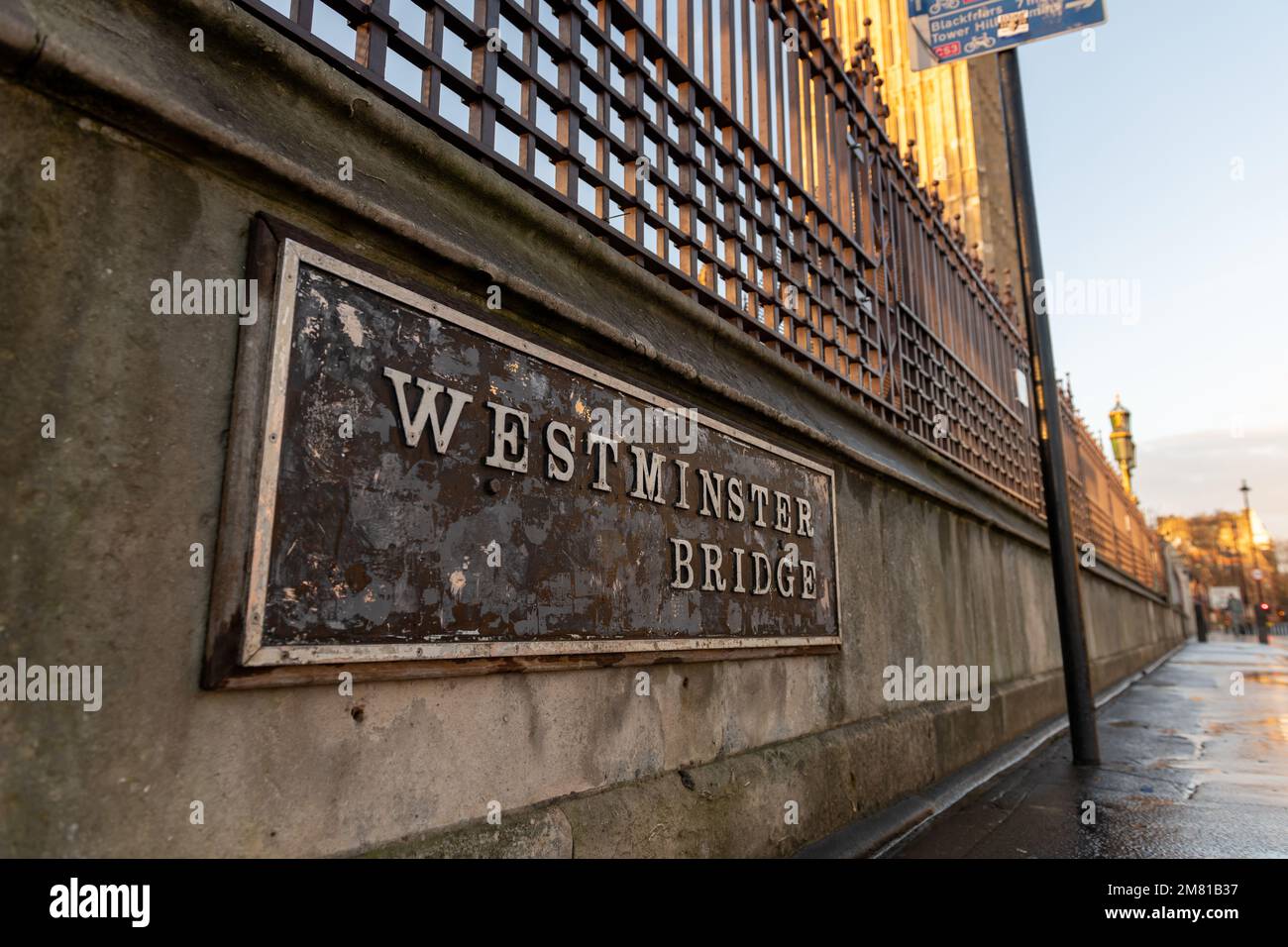 London. UK- 01.08.2023. The name sign for Westminster Bridge. Stock Photo