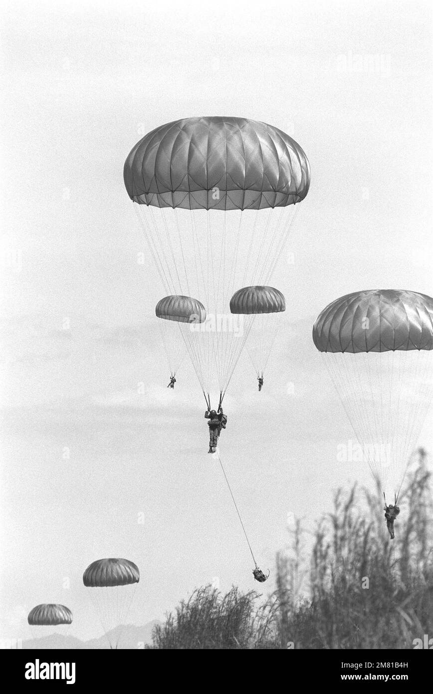 Members of the 2nd Honduran Airborne Battalion are air dropped from a C-130 aircraft during the AHUAS TARA II (BIG PINE) operation. Subject Operation/Series: AHUAS TARA II (BIG PINE) Base: Comayagua Country: Honduras (HND) Stock Photo
