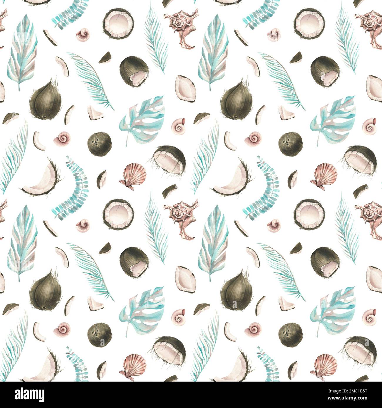 Whole coconuts and slices with tropical palm leaves and seashells. Watercolor illustration. Seamless pattern on a white background from the collection Stock Photo