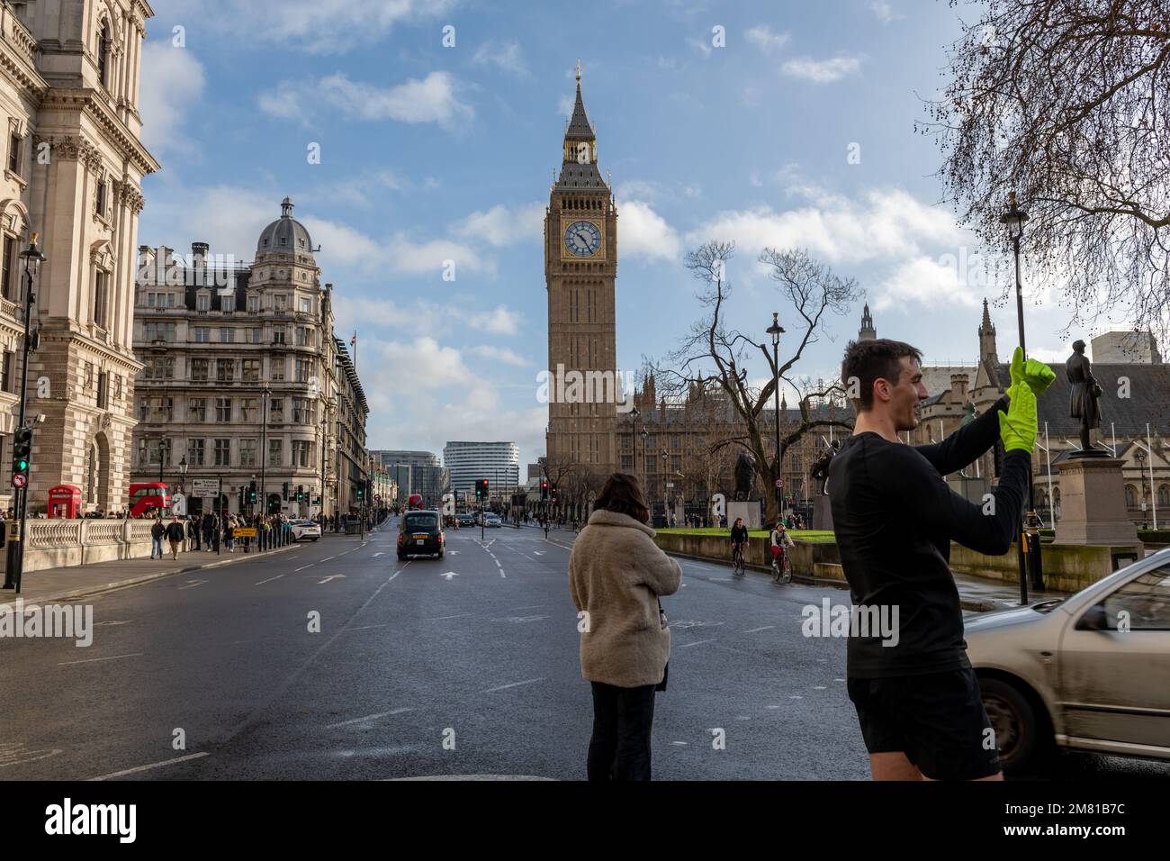 London. UK- 01.08.2023. A street around Parliament Square with a view of Big Ben. Stock Photo