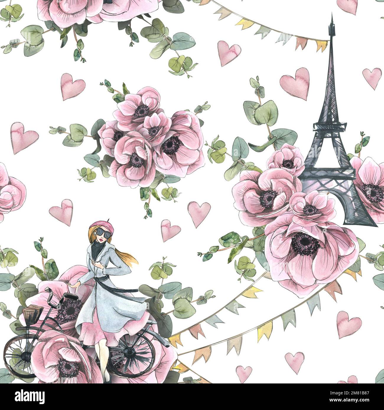 The Eiffel Tower, a Frenchwoman with a bicycle, garlands of flags, hearts and pink anemone flowers with eucalyptus branches. Watercolor illustration Stock Photo