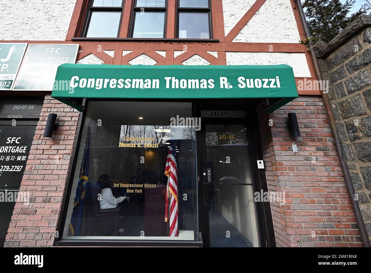 New York, USA. 11th Jan, 2023. Exterior view of the offices of former Congressman Thomas Suozzi now being occupied by Congressman George Santos, in the Queens borough of New York City, NY, January 11, 2023. U.S. Representative for New York's 3rd congressional district George Santos is facing calls to resign over fabrications regarding his personal life to voters, and possible campaign fraud. (Photo by Anthony Behar/Sipa USA) Credit: Sipa USA/Alamy Live News Stock Photo