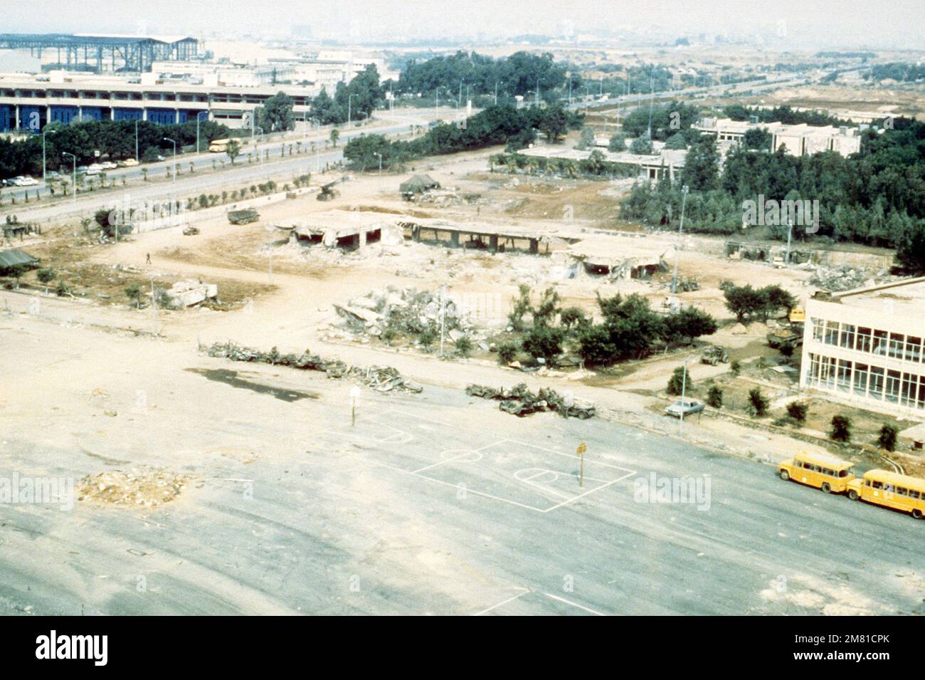 An aerial view of the remains of the Marine battalion Landing Team headquarters and barracks at Beirut International Airport. The building was destroyed by a terrorist bomb attack. Base: Beirut Country: Lebanon (LBN) Stock Photo
