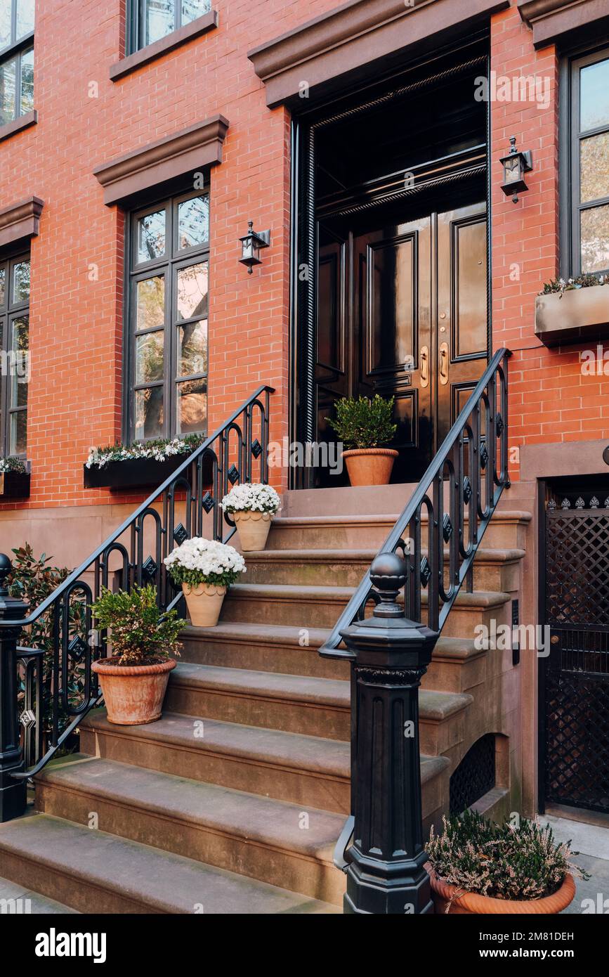 Potted plants of the steps on a stoop of a traditional house in