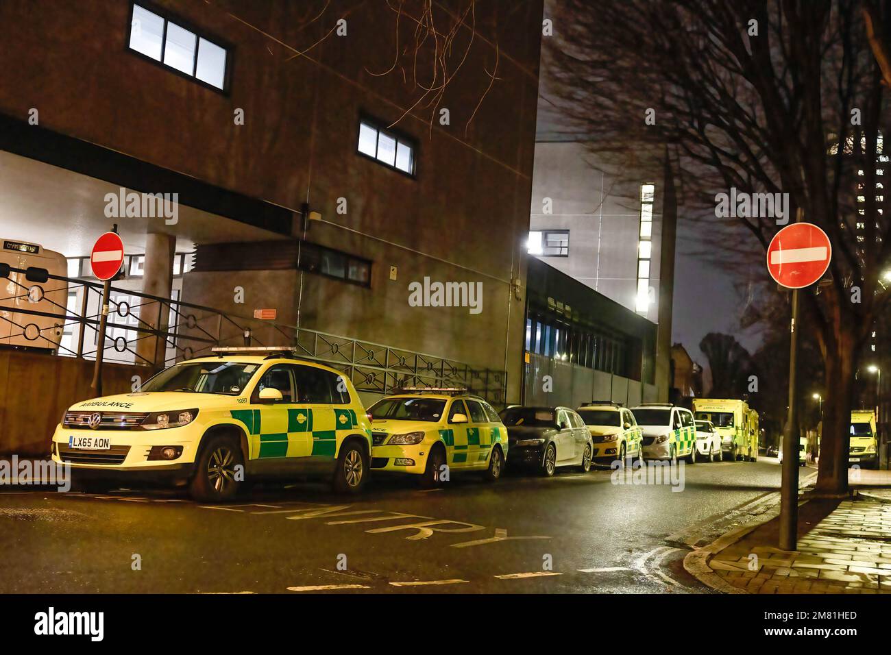London, UK, 11/01/2023, London, UK. 11th Jan, 2023. Ambulances and rapid response vehicles are seen parked outside the Waterloo base of London Ambulance Service. Emergency workers in NHS such as ambulance workers, paramedics and call handlers are continuing on strike action in dispute of salary rise with the UK government. The strike involves members from Unison, Unite and GMB, starting at 11am till 11pm. The government urges people not to undertake any risk activities today as there might not be any ambulance service. Credit: SOPA Images Limited/Alamy Live News Stock Photo
