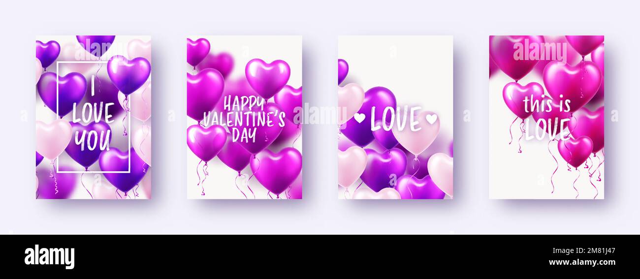 Valentine's Day banners with violet heart balloons and text. Wedding ...