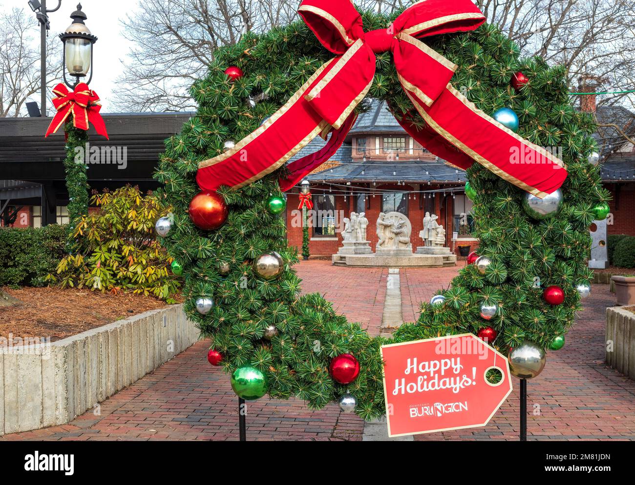 BURLINGTON, NC, USA2 JAN 2023 View of statues of historical events in
