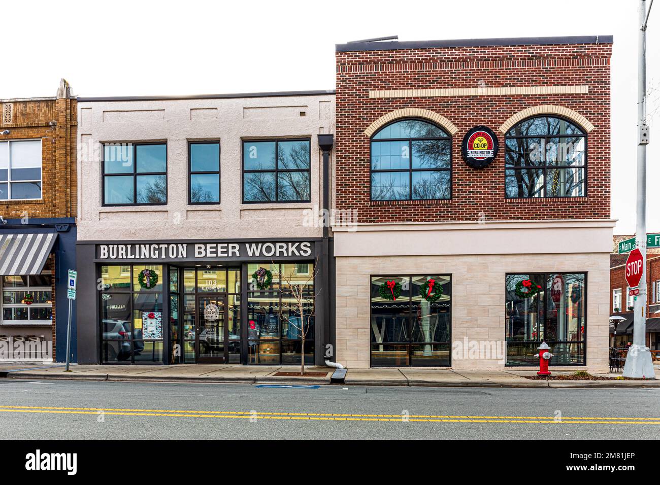 BURLINGTON, NC, USA-2 JAN 2023: Facade of Burlington Beer Works on Front Street at Main Street. Stock Photo