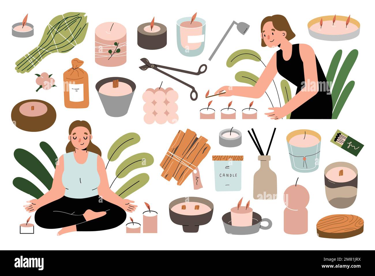 Relaxed women using scented candles, smelling, lighting perfumed candles, meditating. Palo santo wood, sage, vector illustrations Stock Vector