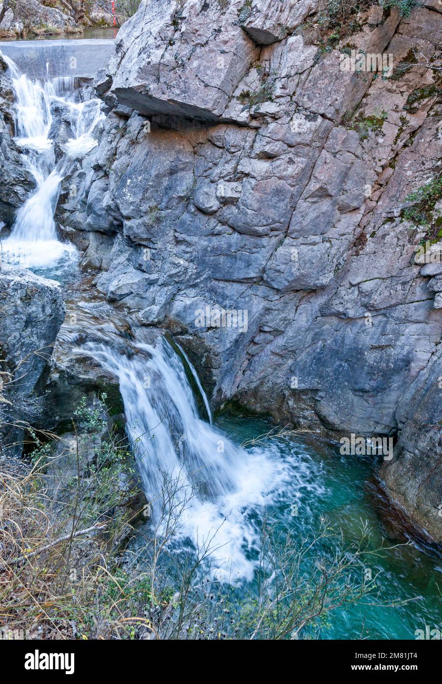 Small waterfall at the gorge of Enipeas river, at the foot of Mount Olympus and close to the town of Litochoro, in Pieria region, Macedonia, Greece. Stock Photo