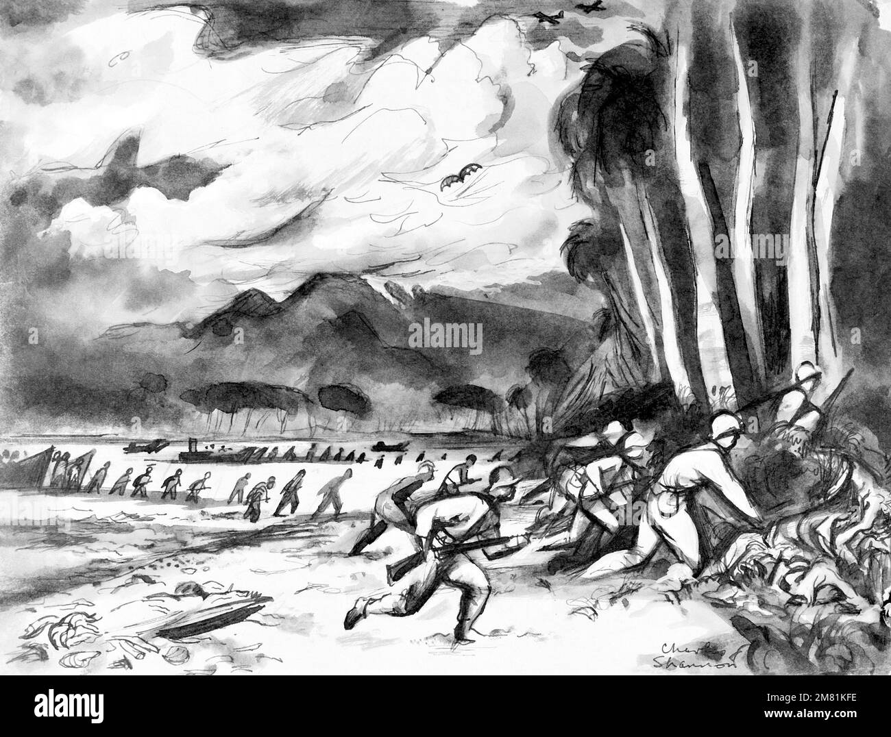 Artwork "Landing at Rendova", Rendova, wash, 8" X 101/2". Artist