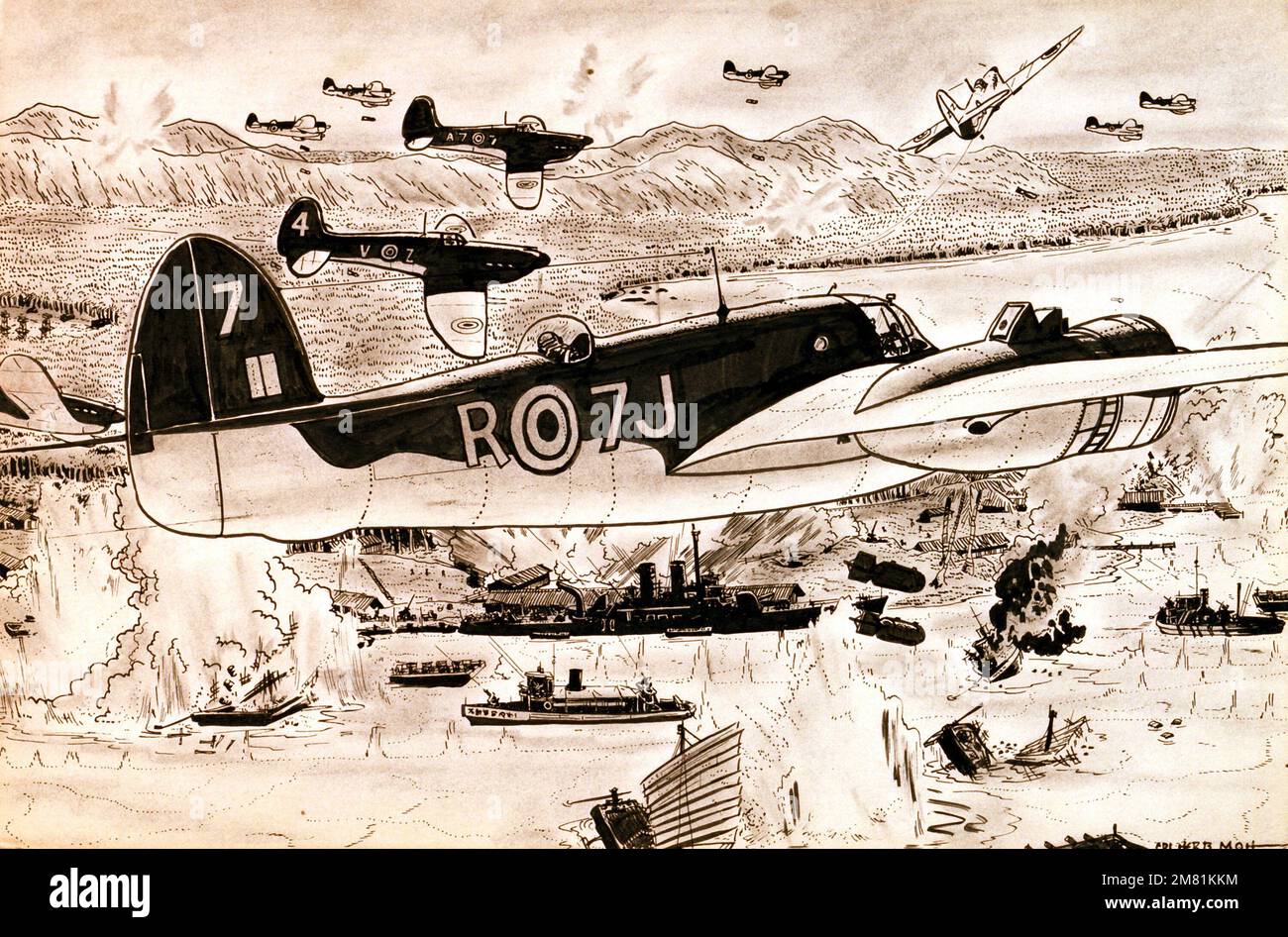 Artwork "Allied Fighters Finish Jap Supply Depots", ink, 10"x 15