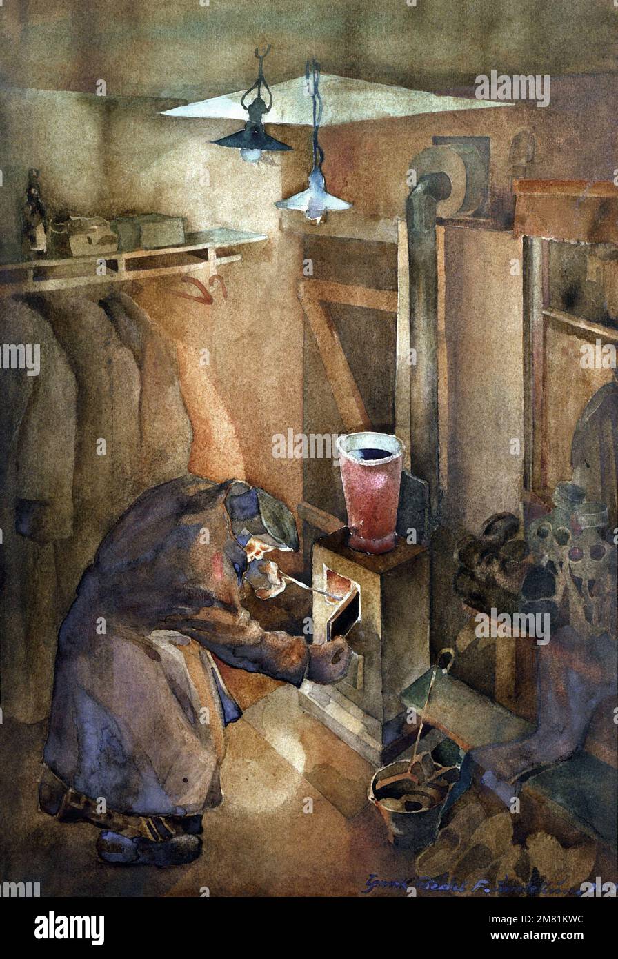 Artwork "Soldiers at Barracks Stove," 1942. Artist H. Riedel. Catalog