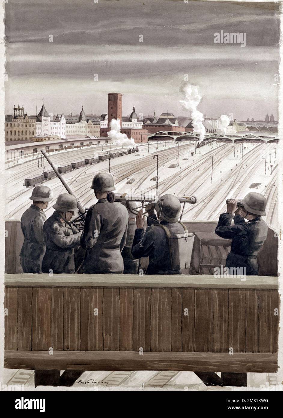 Artwork: 'German Flak Tower Near Railroad Yard,' 1942. Artist: Funders. Catalog Number: G.W.1.2090.47. US Army Art Collection. Country: Unknown Stock Photo