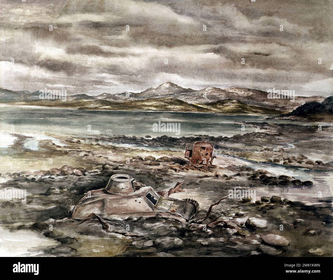 Artwork: 'Wreckage of British Retreat at Narvik,' Norway. Artist: Fritz Vahle. Catalog Number: G.W.1.8058.47. US Army Art Collection. Country: Unknown Stock Photo