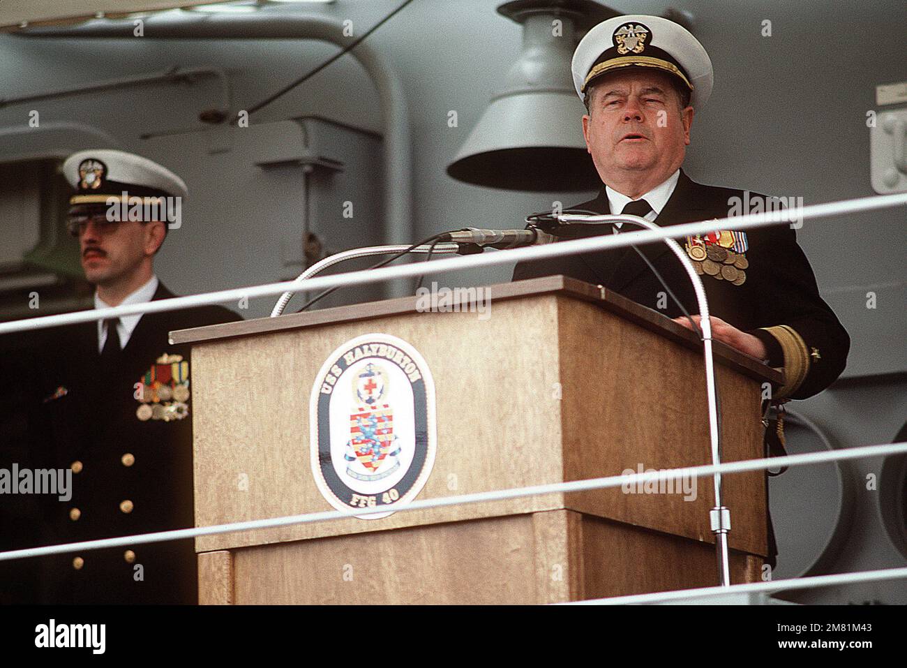 Rear Admiral Wayne E. Meyer, Deputy Commander, Naval Sea Systems Command, speaks during the commisssioning ceremony for the Oliver Hazard Perry class guided missile frigate USS HALYBURTON (FFG 40). Base: Seattle State: Washington (WA) Country: United States Of America (USA) Stock Photo