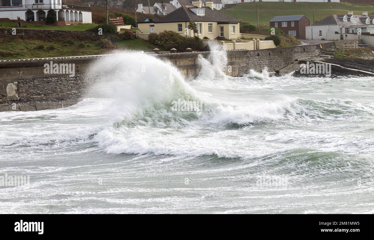 Sea Defence Walls overtopped by Atlantic Winter Storm Waves Stock Photo