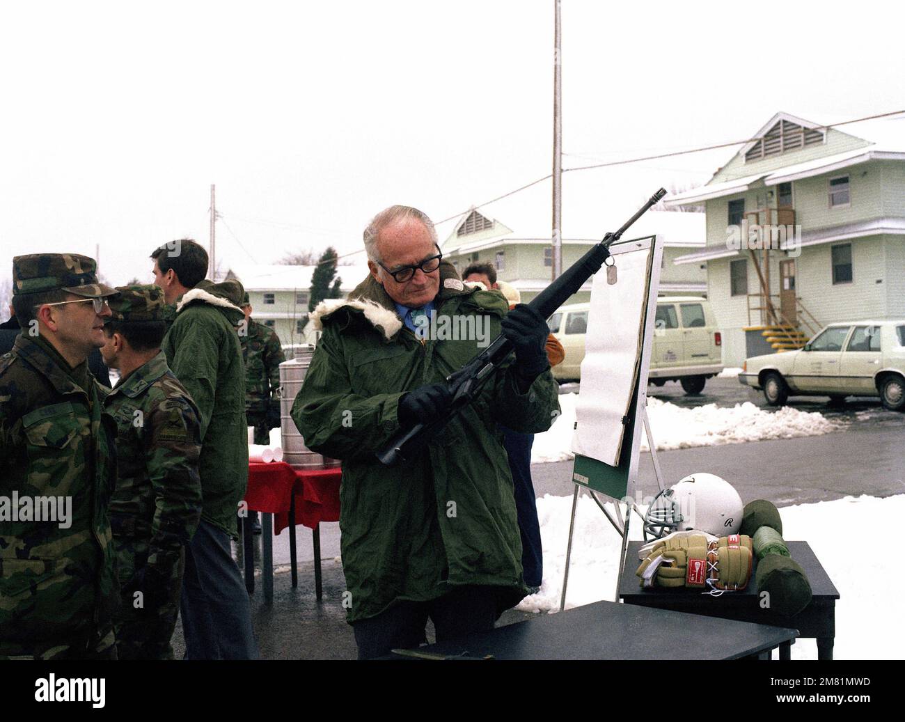 Retired US Senator Barry M. Goldwater examines an M16A1 rifle during his visit to the US Army Armor Center. Base: Fort Knox State: Kentucky (KY) Country: United States Of America (USA) Stock Photo
