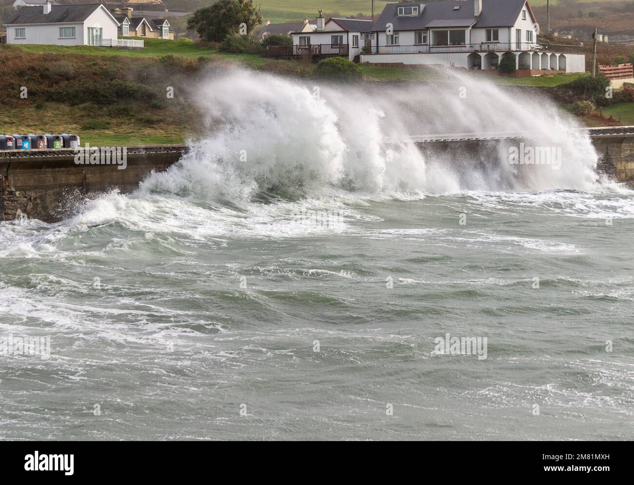 Sea Defence Walls overtopped by Atlantic Winter Storm Waves Stock Photo