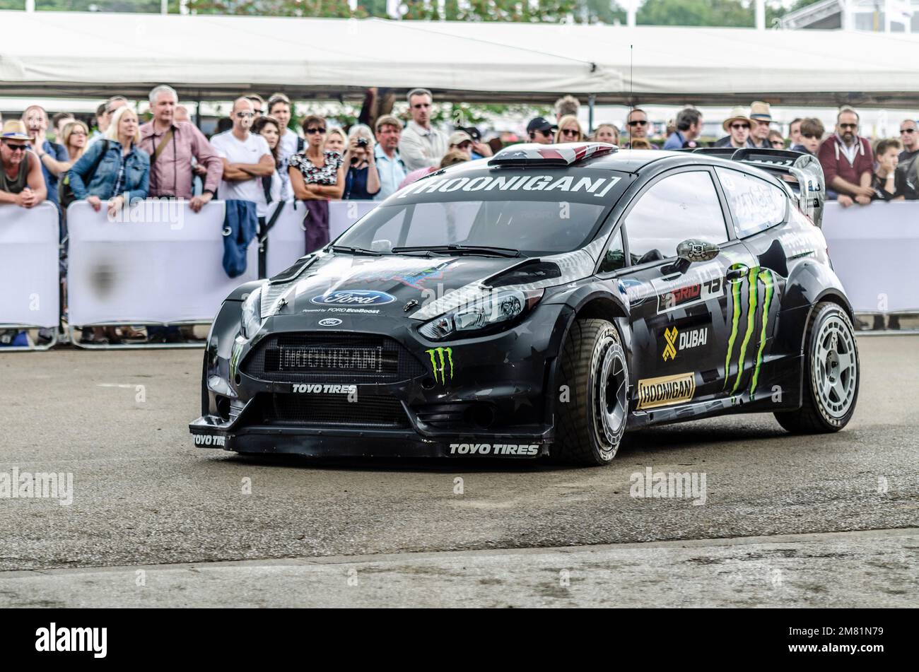 Ford Fiesta RS rally car of Ken Block, stunt and rally driver with the Hoonigan Racing Division, formerly known as the Monster World Rally Team Stock Photo