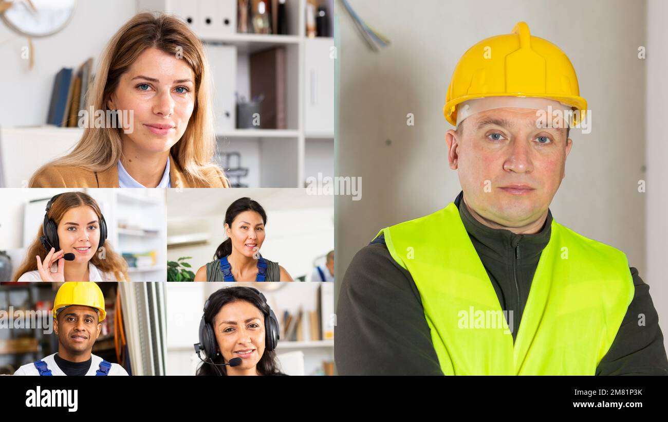 Screen of video call between managers and engineers Stock Photo
