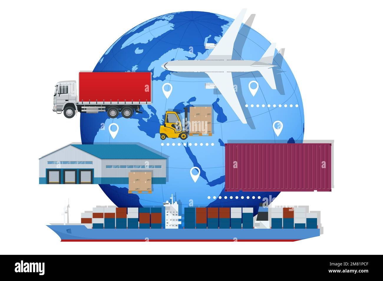 Global logistics network Air cargo - Global Logistics Network Air Cargo Rail Transportation Maritime Shipping Warehouse Container Ship City Skyline On The World Map 2M81PCF 
