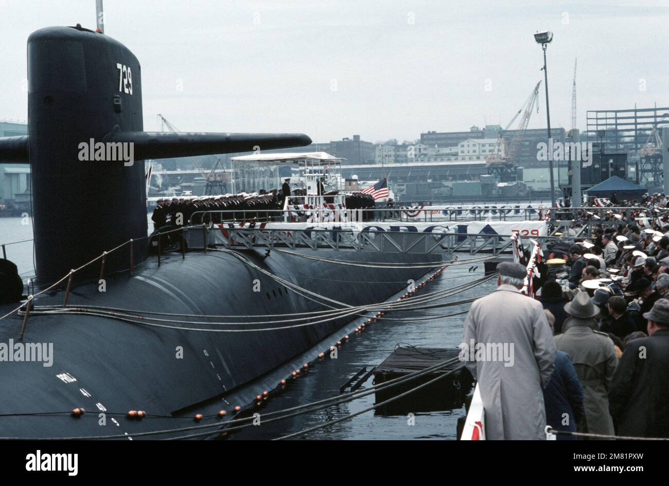 A port side view of the nuclearpowered strategic missile submarine USS