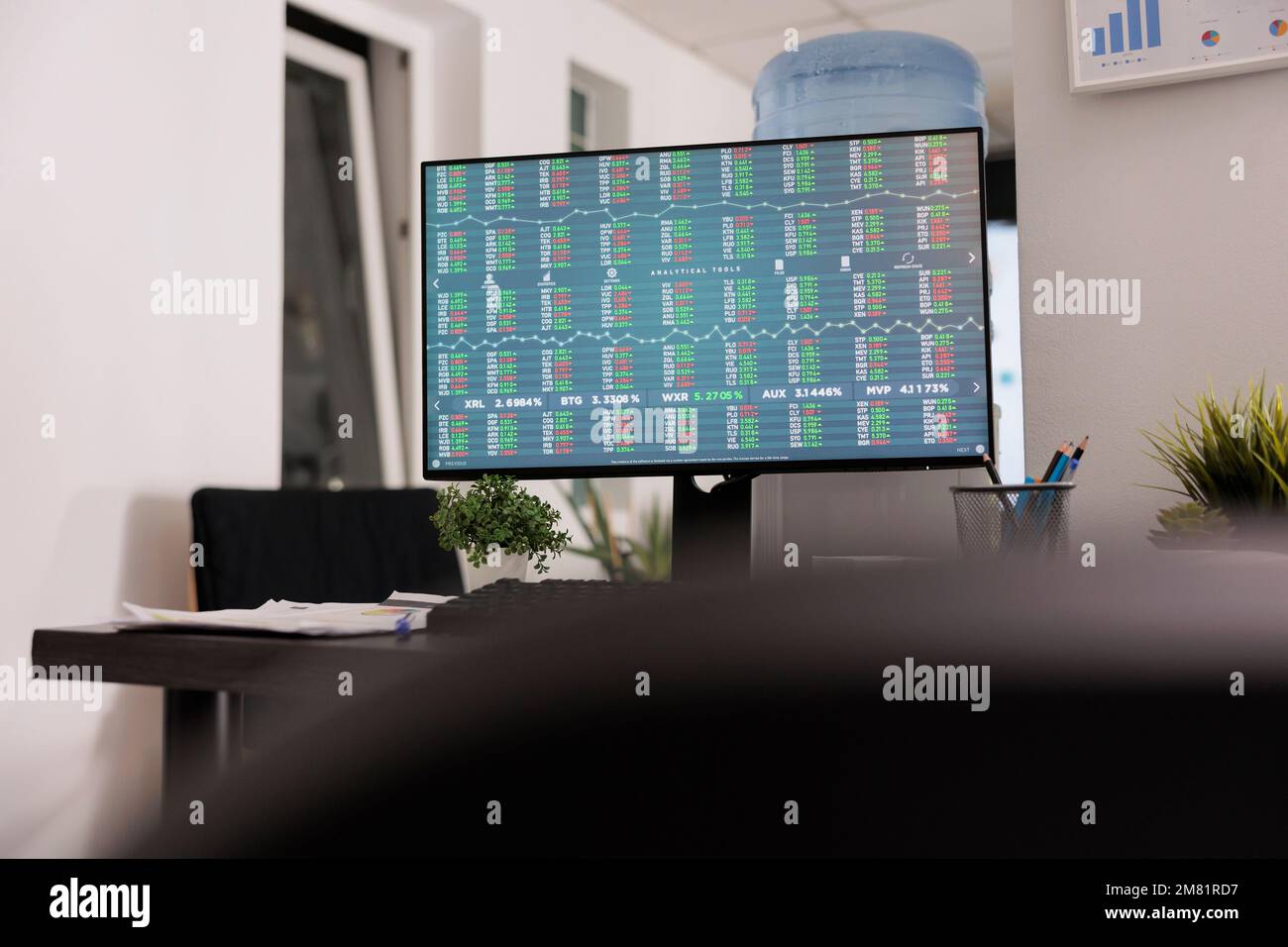 Empty workplace with the investment application displays forex buy and