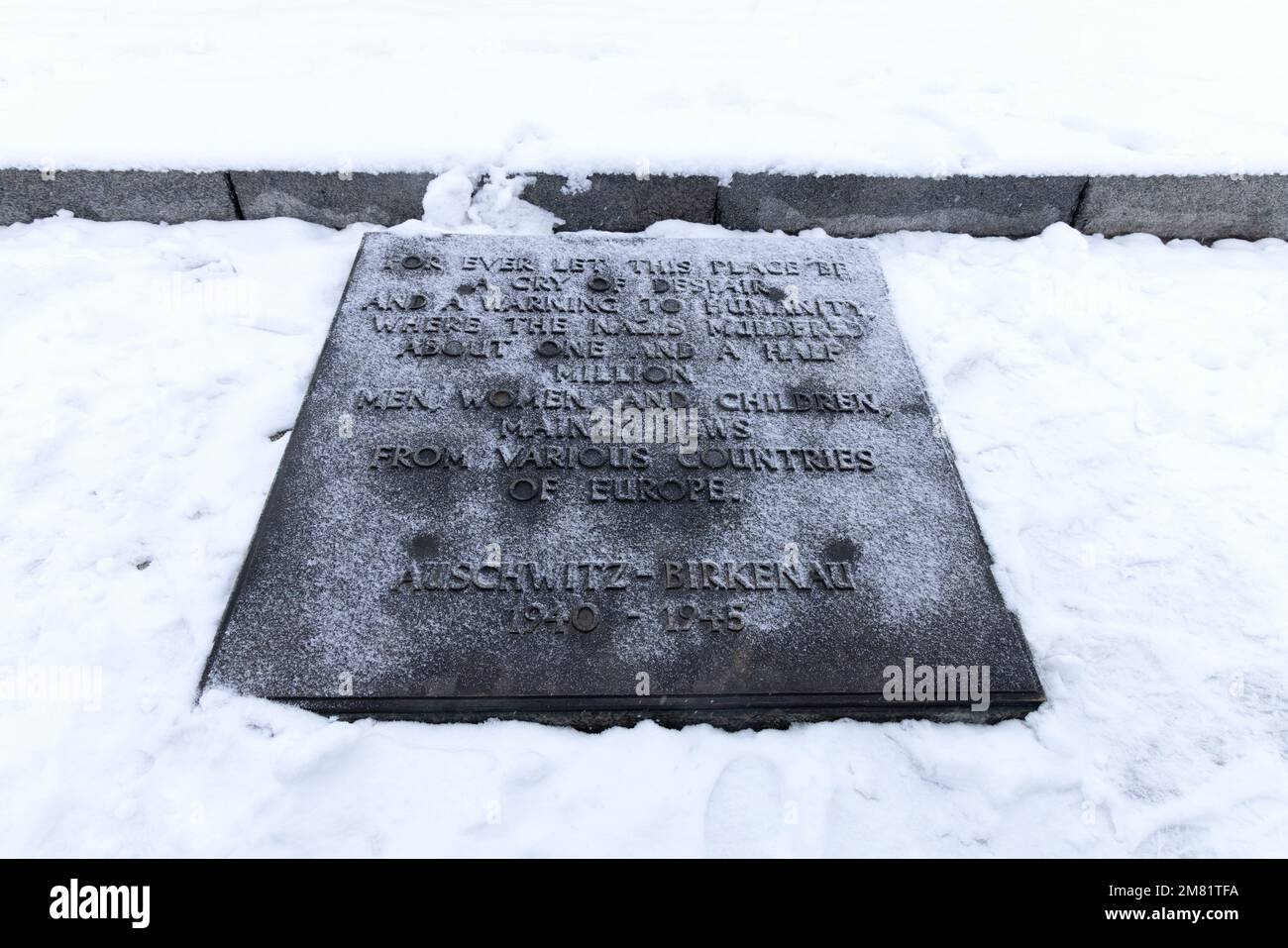 Auschwitz Birkenau Nazi Concentration camp in winter snow- Holocaust Memorial monument in memory of the million dead; UNESCO World Heritage site Stock Photo