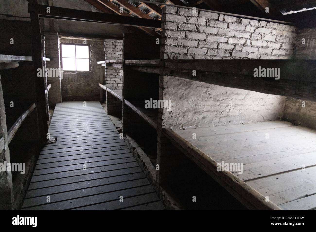 Auschwitz Birkenau Nazi Concentration camp - Interior of the Death Barrack where prisoners were kept prior to the gas chambers, Poland Europe. Stock Photo