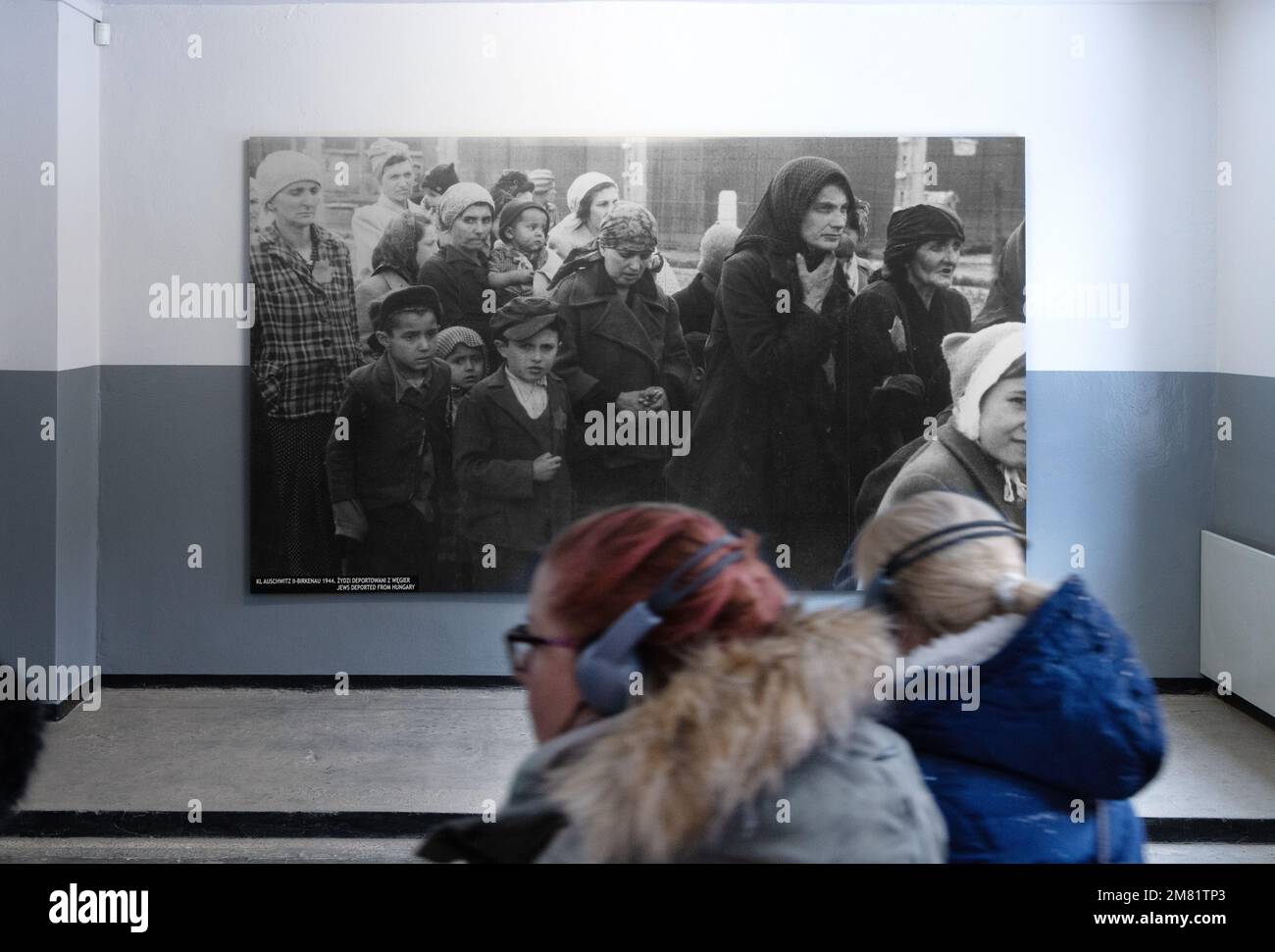 Auschwitz prisoners photographs; Visitors looking at photos of jews arriving at Auschwith Birkenau Concentration camp; the Museum interior, Poland. Stock Photo
