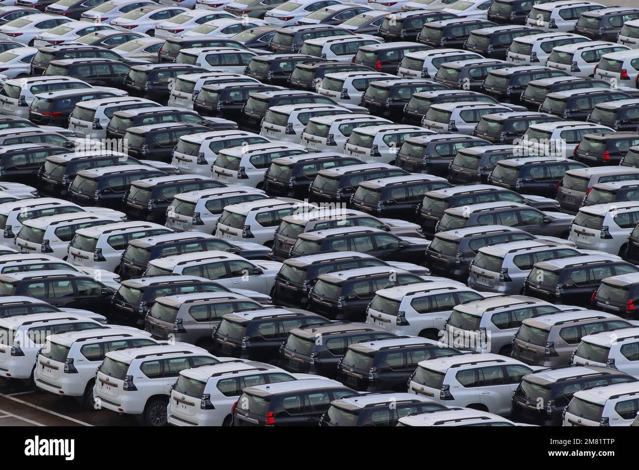 Over six hundred Toyota Land Cruiser Prado and Lexus saloon cars stockpiled at Zeebrugge harbour awaiting European distribution. Stock Photo