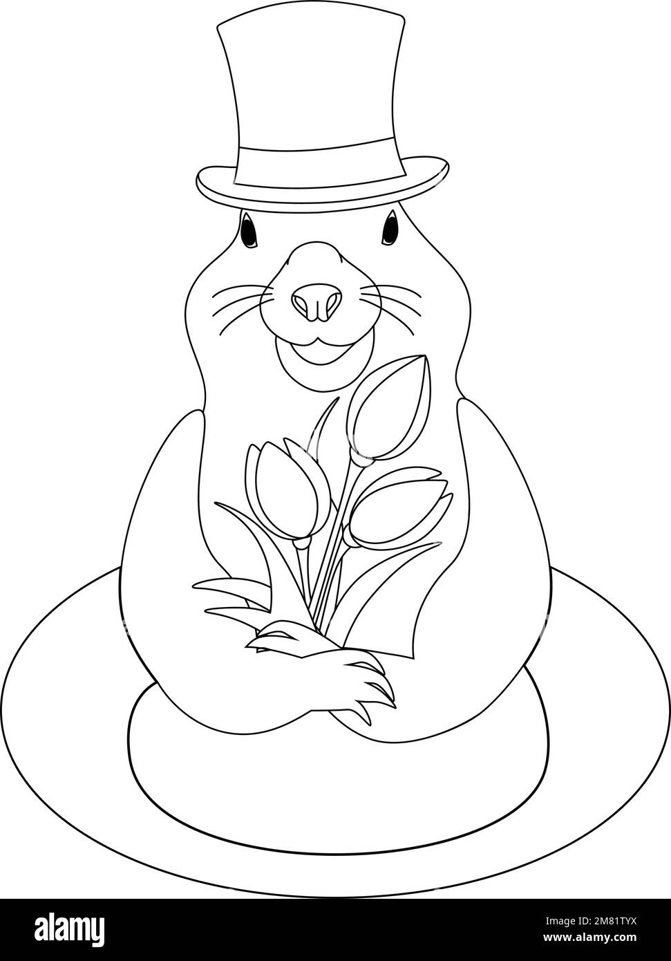 contour image of groundhog in a hat with a bouquet of tulip flowers coming out of a hole happy groundhog day isolate line art outline drawing coloring book good for poster banner or price eps 2M81TYX illustration of groundhog black and white stock photos & images