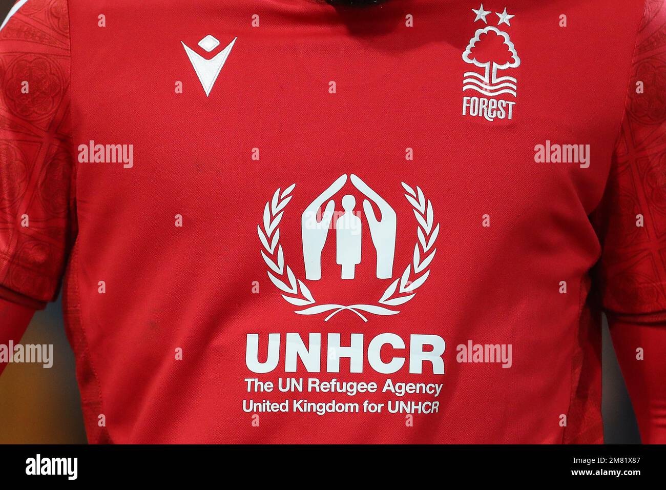 Nottingham, UK. 11th Jan, 2023. A close up of the Nottingham shirt with the  new sponsor United Nations Refugee Agency on during the Carabao Cup Quarter  Final match Nottingham Forest vs Wolverhampton