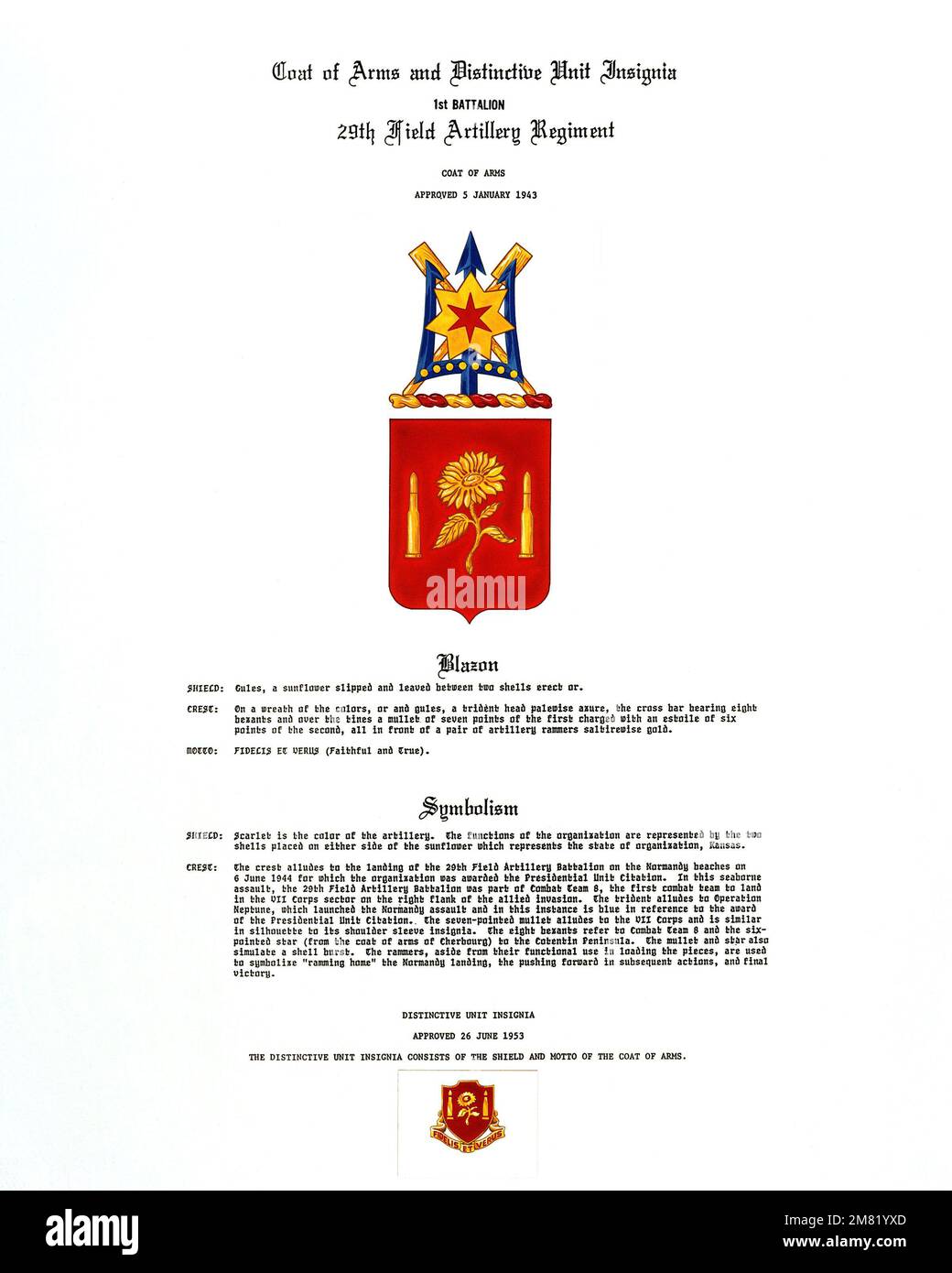 Approved insignia for: 29th Field Artillery Regiment, 1ST Battalion. Country: Unknown Stock Photo