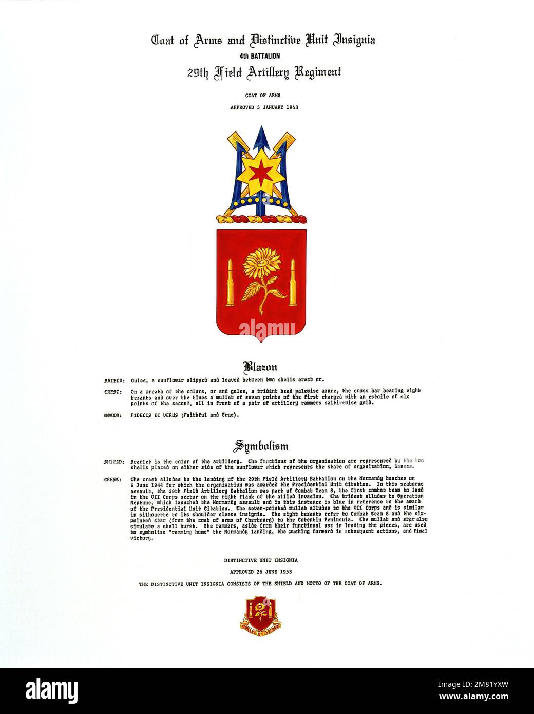 Approved insignia for: 29th Field Artillery Regiment, 4th Battalion. Country: Unknown Stock Photo
