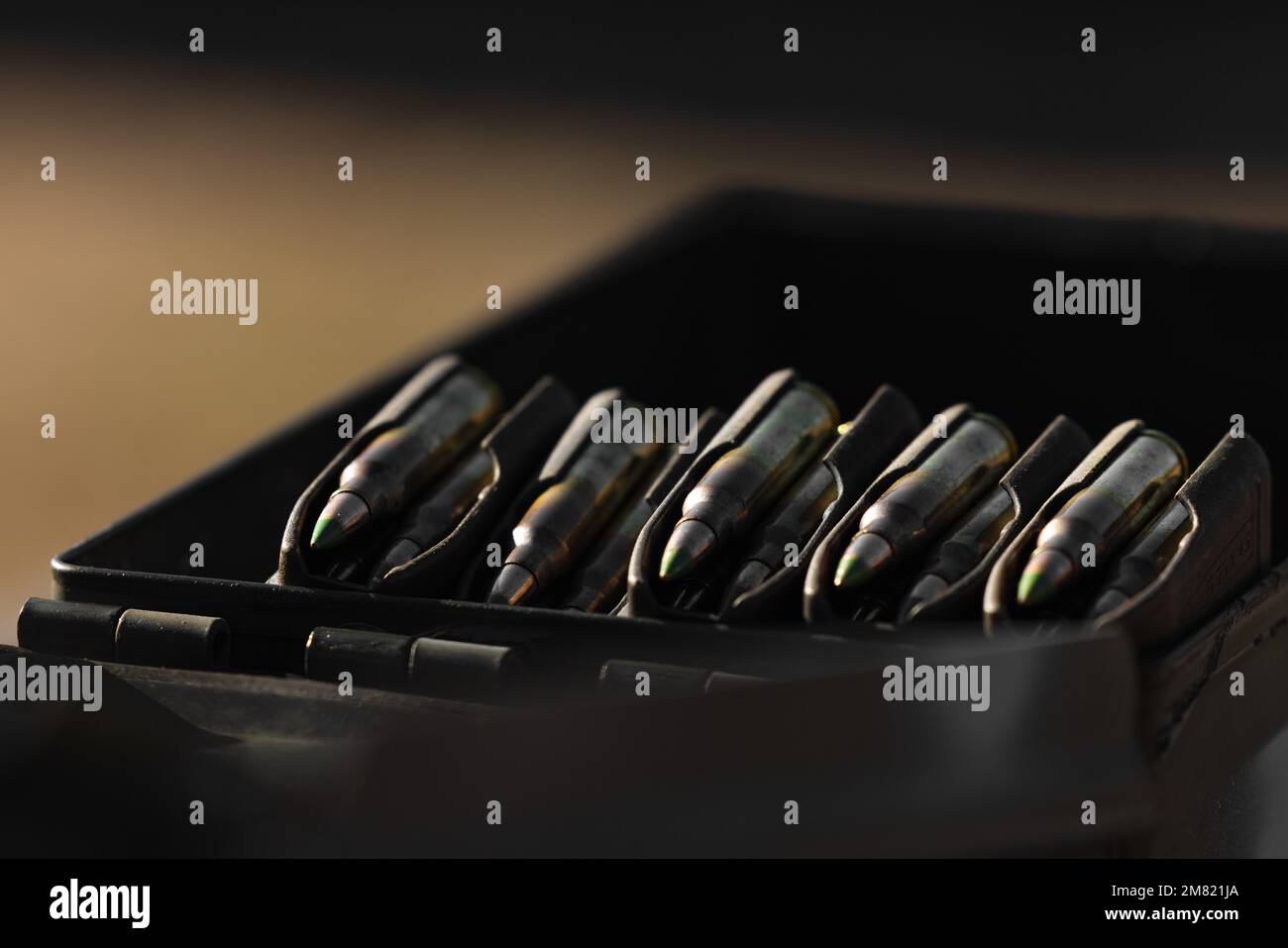 Five magazines loaded with 5.56x45mm NATO cartridges sit in an