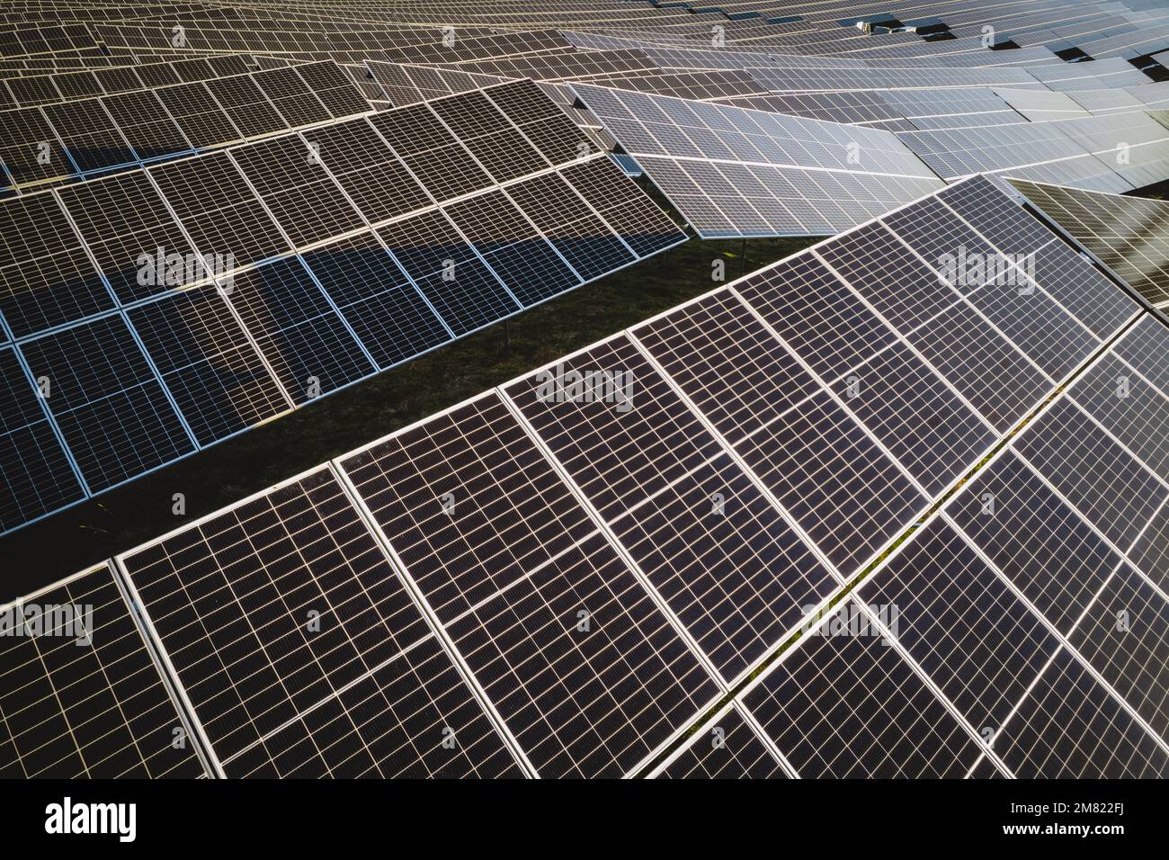 Aerial view of photovoltaic solar panels and large solar farm in Maine