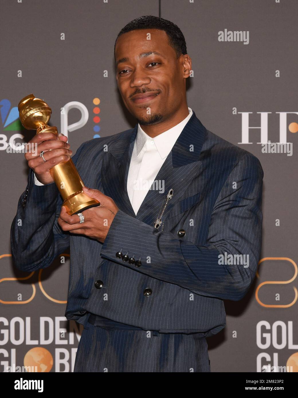 January 10, 2023, Beverly Hills, California, USA: TYLER JAMES WILLIAMS with  his Golden Globe award for best supporting actor in a musical, comedy or  drama for his role in Abbott Elementary. (Credit