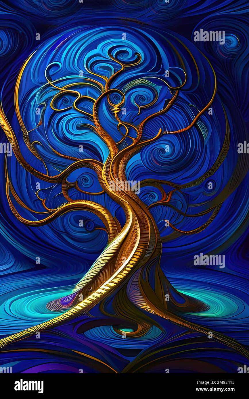 Abstract golden swirly tree illustration. An original, high quality, big size digital graphical work, mixed media. Based on AI generated artwork. Stock Photo