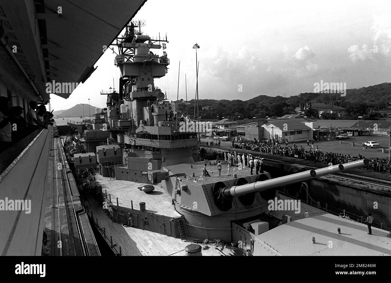A view of the forward 16-inch guns aboard the battleship USS NEW JERSEY ...